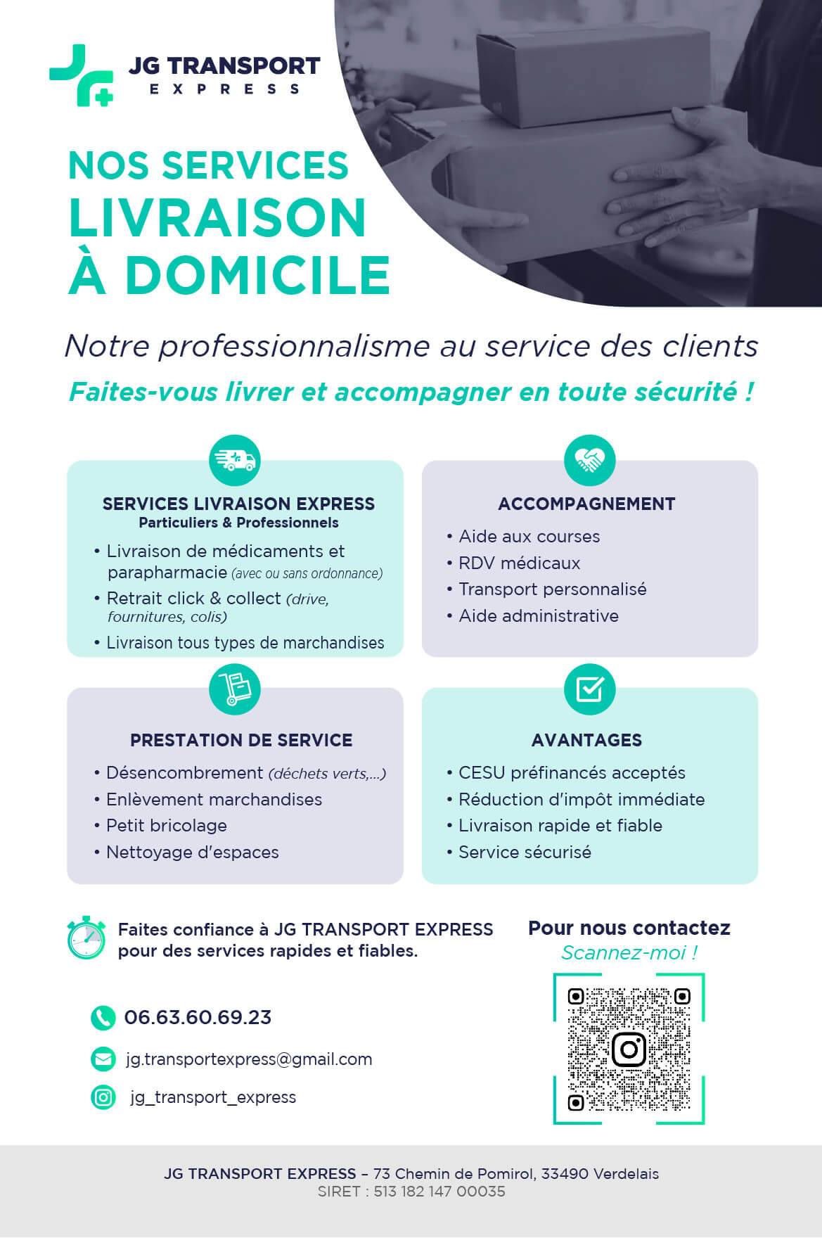 🚨 Bonne nouvelle ! 🚨
Vous pouvez désormais bénéficier de la réduction d'impôt immédiate sur nos services à la personne ! 💸
📞 Pour en profiter ou obtenir plus d'informations, contactez-nous au 06 63 60 69 23.
🎫 Nous acceptons également les CESU préfinancés.
✅ Nos services à la personne :
🍽️ Livraison de repas
En partenariat avec Le Cochon qui Siffle 👉 Voir la page Facebook:https://www.facebook.com/jeanphilippe.colombier.7
🚗 Accompagnement à vos rendez-vous médicaux ou personnels
🛒 Livraison de courses
Retrait en drive via le service click and collect
📦 Livraison de marchandises
Tous types de marchandises sont pris en charge
🖥️ Assistance administrative et informatique
📆 Horaires d’ouverture cette semaine :
🕙 Du lundi au samedi, de 10h à 20h
🚚 Livraison possible à domicile ou sur votre lieu de travail
Nos tarifs s’appliquent à partir du point de retrait (pharmacie, supermarché, magasin, point relais...) jusqu'à votre adresse.
📞 Besoin d’un service ? Une question ?
Contactez-nous sans hésiter, nous sommes là pour vous aider!