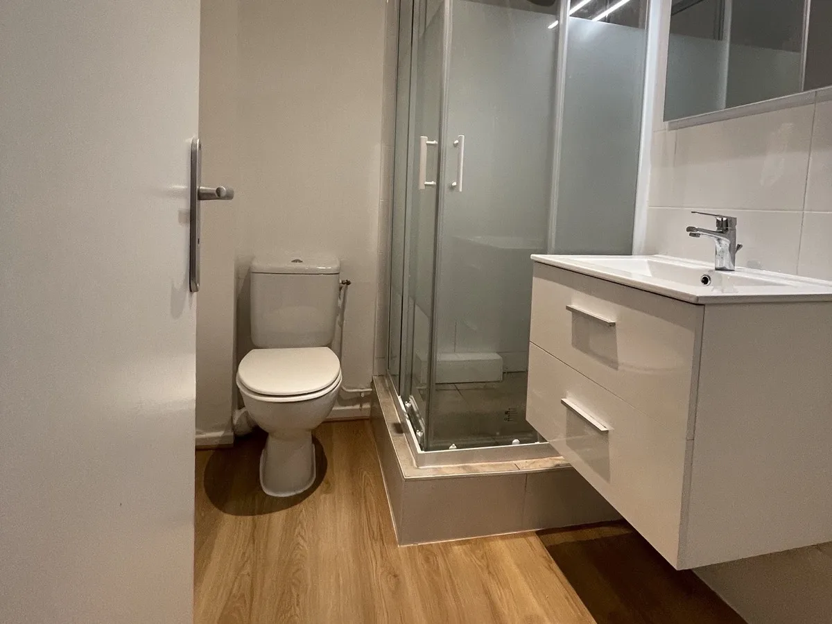 Salle d'eau rénovée avec cabine de douche, WC et meuble vasque blanc, sol imitation bois