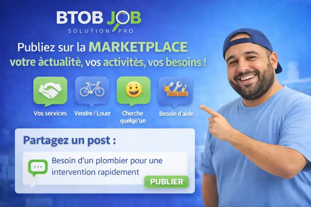 Besoin d’un pro, d’un coup de main ou d’un acheteur ?Sur BTOB JOB, publie ton besoin, ton service ou ton annonce et laisse la communauté locale te répondre.Travaux, services, vente, location, entraide… tout se passe au même endroit.👉 Poste maintenant et trouve la bonne personne, près de chez toi.