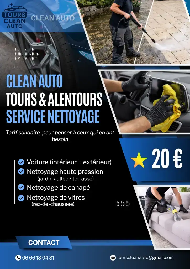 Bonjour,Non, vous ne rêvez pas 😅On est une équipe d’étudiants motivés et on propose du nettoyage à petit prix.👉 Malgré le prix, la qualité reste la même on travaille avec équipement professionnel et on fait ça sérieusement.Nos services :🚗 Nettoyage voiture (intérieur / extérieur)🛋️ Nettoyage de canapé🌿 Nettoyage haute pression (terrasse, allée, jardin)Notre objectif au départ, c’est surtout de donner de notre temps pour aider tout le monde,et en particulier les personnes seules ou avec peu de moyens (tarif solidaire💙).Le service est ouvert à tous.📍 Intervention à Tours et alentours💶 Prix - 20€
