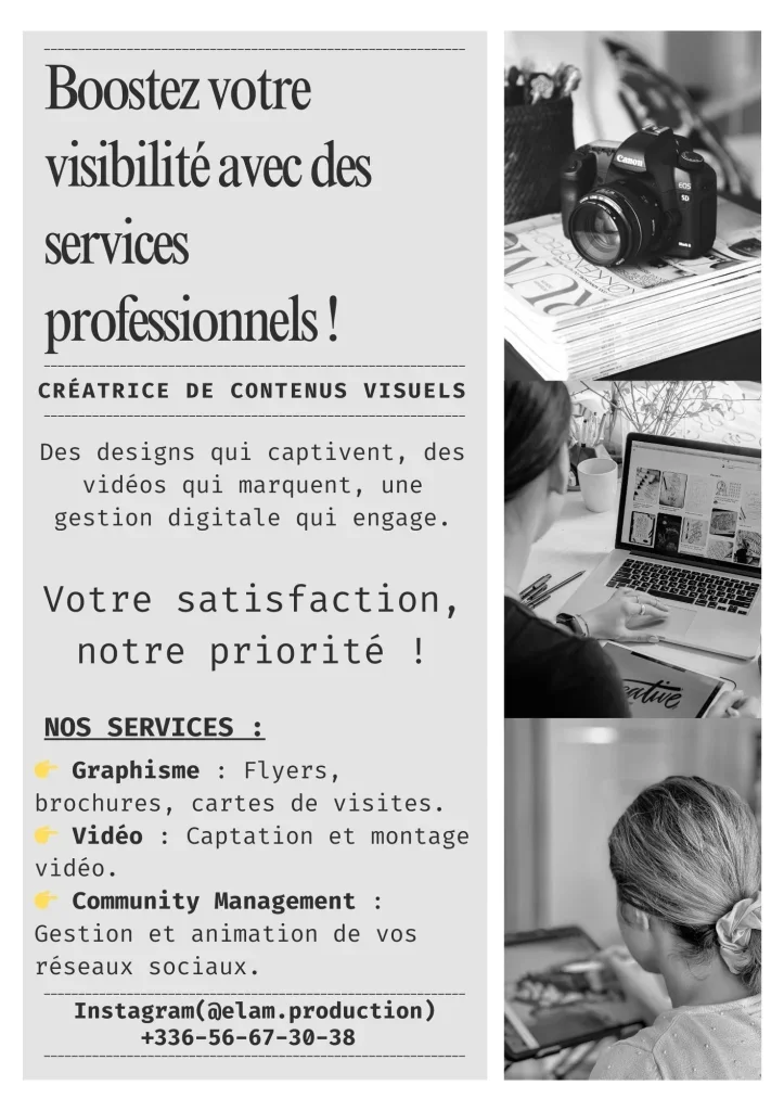 Offre de service de vidéaste professionnelle basée à Paris pour capturer vos événements avec créativité et expertise. Spécialisé dans la réalisation de vidéos dynamiques, je m'engage à livrer un travail de qualité, adapté à vos besoins. Devis sur demande, avec une disponibilité urgente pour répondre à vos projets événementiels.