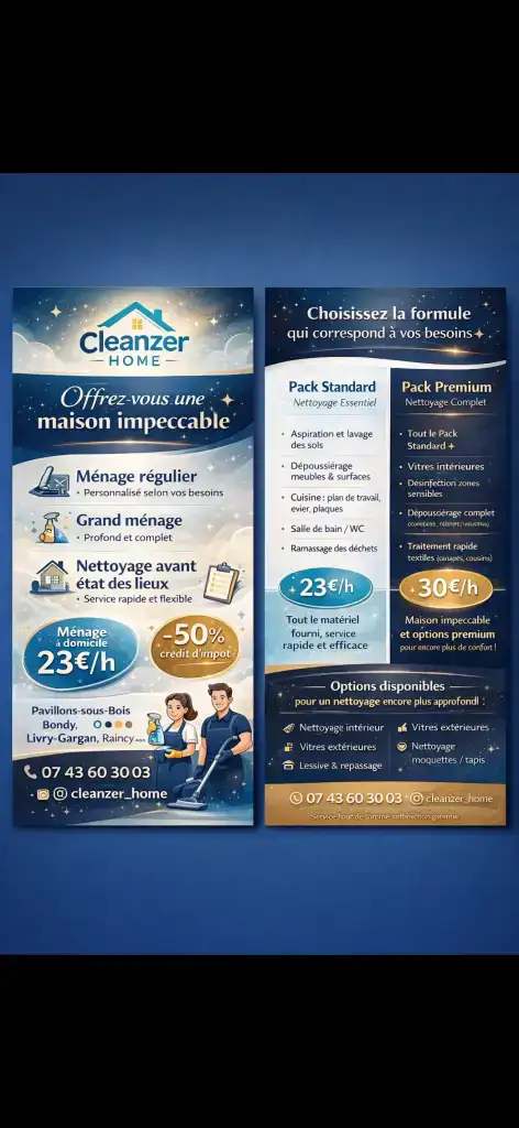 Cleanzer Home – services de ménage et entretien en Île‑de‑France.Auto‑entrepreneur avec 3 ans d’expérience, matériel pro, flexible week‑end.Interventions pour particuliers, professionnels, bureaux, Airbnb.Contact : 07 43 60 30 03 – cleanzerhomepro@outlook.fr
