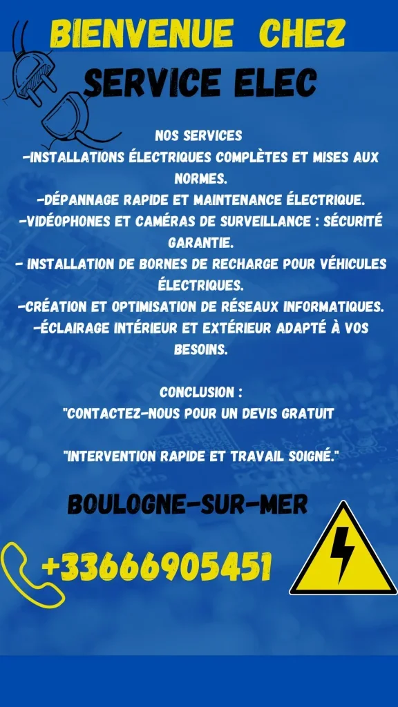 Projet : Électricien. Type : Offre de service. Categorie : Travaux à domicile. Specialite : Électricité (installation / mise aux normes). Ville : Boulogne-sur-Mer. Delai souhaite : Urgent. Je souhaite recevoir un devis detaille. Merci de me contacter pour plus d informations.