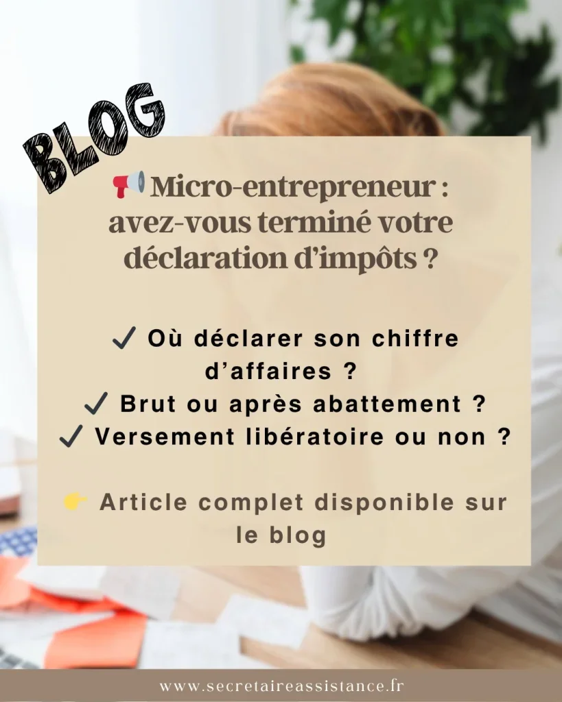 📢 Petit rappel pour les micro-entrepreneurs et la fameuse déclaration de revenus !Et chaque année, ce sont souvent les mêmes questions qui reviennent :👉 Où déclarer son chiffre d’affaires ?👉 Faut-il indiquer le montant brut ?👉 Que faire si on a choisi le versement libératoire ?👉 Quelle case remplir en BIC ou en BNC ? Et celle à ne surtout pas remplir !!! Pas étonnant que beaucoup hésitent au moment de valider leur déclaration d'impôts.💡 Pour vous aider à y voir plus clair, j’ai rédigé un article de blog complet qui reprend les points essentiels pour les micro-entrepreneurs.Et si vous avez déjà validé votre déclaration, sachez que vous pouvez encore la corriger !Parce que même si le fonctionnement est souvent plus simple qu’on l’imagine, une mauvaise case ou une mauvaise compréhension peut vite créer du stress inutile.⏳ Pensez aussi à vérifier votre date limite selon votre département avant les échéances de fin mai / début juin.📖 Article disponible ici : https://www.secretaireassistance.fr/l/declaration-dimpots-sur-le-revenu-pour-les-micro-entrepreneurs-tout-ce-que-vous-devez-savoir/Et si vous êtes perdu dans votre déclaration, je peux aussi vous accompagner 😊Je suis Delphine de Secrétaire Assistance📞06 86 20 38 62📧 secretaireassistance@outlook.fr💻 https://www.secretaireassistance.fr