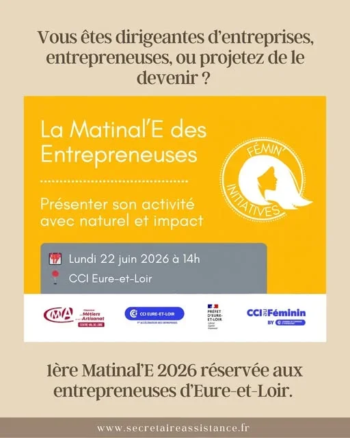 Entrepreneuses d’Eure-et-Loir : un événement à noter dans vos agendas !Le pitch est un vrai sujet pour beaucoup d’entrepreneurs, donc je trouvais intéressant de vous partager cet événement.Prendre la parole pour présenter son activité avec clarté et naturel, ce n’est pas toujours simple… et pourtant, le pitch est souvent la première porte d’entrée vers de nouvelles opportunitésLe lundi 22 juin, la Matinal’E des Entrepreneuses organisée à la CCI de Chartres proposera un atelier autour du pitch entrepreneurial :Construire un pitch clair et efficaceComprendre ce qui capte l’attentionGagner en impact sans surjouerTester et ajuster sa présentationIdentifier son style naturel de pitcheuseCCI Eure-et-Loir – ChartresDe 14h à 17hUn bon moment pour développer son réseau, échanger entre entrepreneuses et gagner en aisance pour parler de son activité.Informations et inscription directement auprès des organisateurs (CCI Eure-et-Loir / CMA Centre-Val de Loire). Par expérience, le nombre de places est limité, donc si vous êtes intéressées, ne tardez pas à vous inscrire.Je suis Delphine de Secrétaire Assistance06 86 20 38 62secretaireassistance@outlook.frhttps://www.secretaireassistance.fr#Entrepreneuses #EureEtLoir #RéseauProfessionnel #Pitch #CréationEntreprise