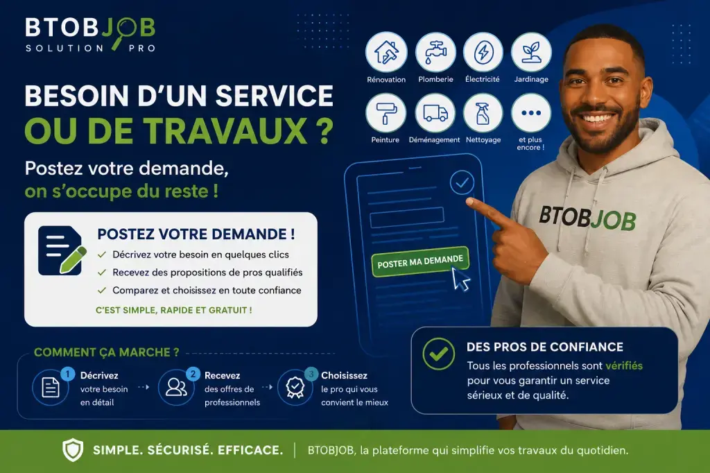 Besoin d’un service ou de travaux ?Déposez votre demande gratuitement sur BTOBJOB et recevez des propositions de professionnels et de jobbers près de chez vous.Plomberie, électricité, rénovation, ménage, jardinage, dépannage, déménagement, informatique, mécanique, garde d’enfants et bien plus encore.Nous continuons d’améliorer la plateforme pour rendre les recherches et les demandes toujours plus simples, rapides et efficaces.Votre avis compte. N’hésitez pas à nous envoyer vos idées d’amélioration directement depuis la page contact ou nos profils.Déposez votre demande sur : https://btobjob.com#btobjob #travaux #services #artisan #professionnel #jobber #renovation #plomberie #electricite #depannage #jardinage #menage #demenagement #serviceadomicile #chantier #entrepreneur #recherchepro #travauxmaison #petitsTravaux #boucheaoreillenumerique