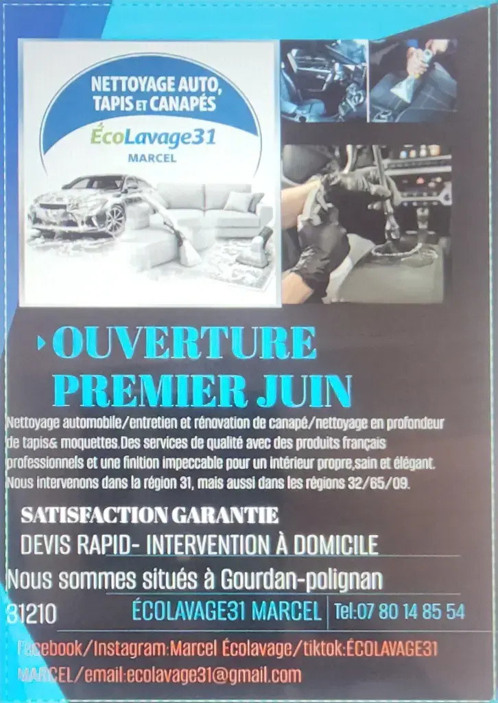 Ecolavage31 Marcel présente ses services de nettoyage a domicilié de voitures et de textiles d'ameblement maison,Comme les canapés, les fauteuils, les tapis,Je me deplace dans toute la région 31,Mais aussi dans certaines régions de 65, 32 et 09