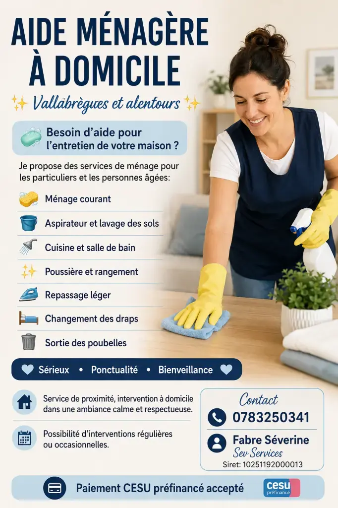 Expérience :
4 ans en hôtellerie
2 ans en restauration
Travail rapide, propre et soigné

Prestations proposées :
• Ménage régulier ou ponctuel
• Grand nettoyage / remise en état
• Entretien soigné type hôtellerie
• Produits d'entretien fournis

Déclarée auto-entrepreneur
Possibilité crédit d’impôt (–50 %)
Disponible en semaine / horaires flexibles
