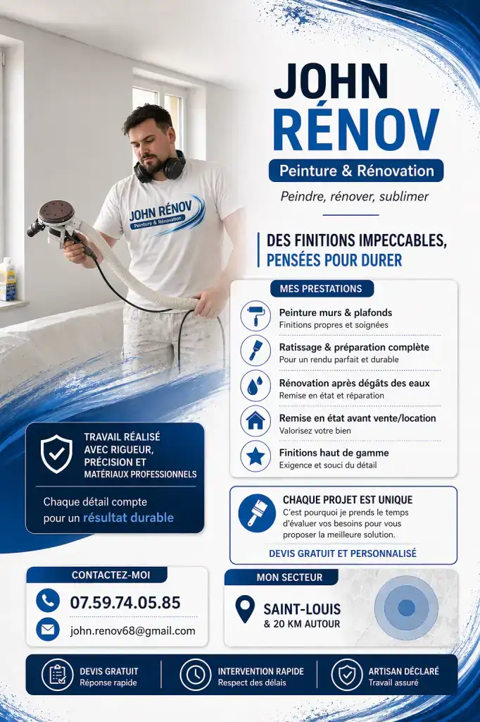 🎨 PEINTRE DISPONIBLE – PETITS CHANTIERS ACCEPTÉS 🎨

Vous cherchez quelqu’un de sérieux pour :
✔ Rafraîchir une pièce
✔ Reboucher des trous
✔ Repeindre murs/plafonds
✔ Cage d’escalier
✔ Appartement avant location ou vente
✔ Petites finitions / rénovation intérieure

Je suis disponible rapidement sur Saint-Louis et alentours 📍

✅ Travail soigné
✅ Conseils professionnels
✅ Devis rapide
✅ Particuliers & professionnels

Même les petits chantiers m’intéressent 👍

📞 07.59.74.05.85
📩 john.renov68@gmail.com

John Rénov – peinture & rénovation