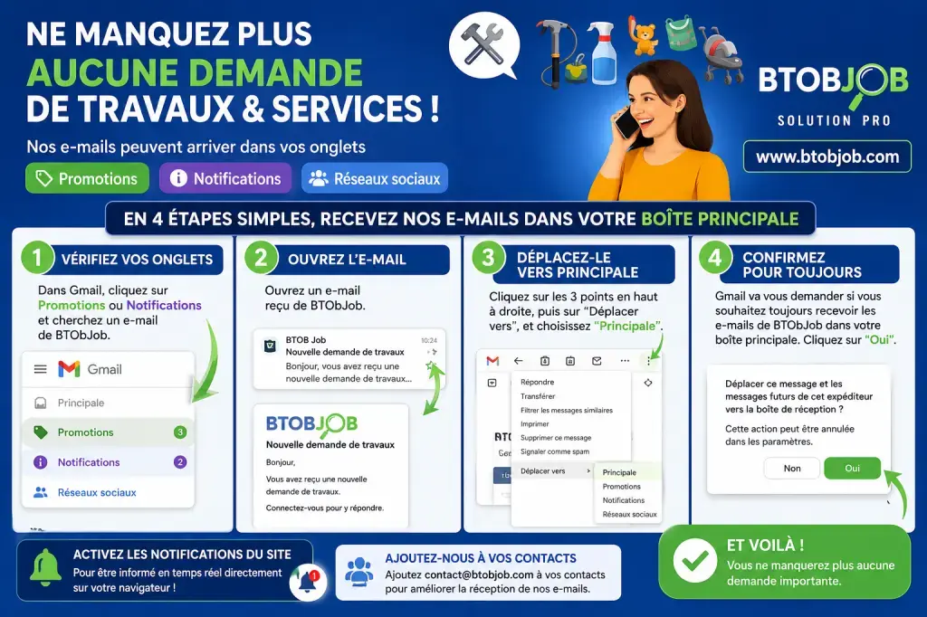 📢 IMPORTANT – Vérifiez vos e-mails Btob JobVous attendez une réponse à votre demande, un message d’un professionnel, un contact ou une nouvelle opportunité ?Certains e-mails Btob Job peuvent arriver dans les onglets « Promotions », « Notifications » ou « Réseaux sociaux » de Gmail.✅ Prenez 30 secondes pour vérifier ces onglets.Si vous trouvez un e-mail Btob Job : 1️⃣ Ouvrez-le. 2️⃣ Déplacez-le vers l’onglet « Principale ». 3️⃣ Confirmez lorsque Gmail vous le propose.Vous recevrez ainsi plus facilement : ✔️ Les réponses à vos demandes de travaux et services. ✔️ Les nouveaux messages. ✔️ Les notifications importantes de votre compte. ✔️ Les informations liées à vos publications.💡 Pensez également à ajouter notre adresse e-mail à vos contacts pour améliorer la réception de nos messages.Merci à tous pour votre confiance.L’équipe Btob Job www.bt