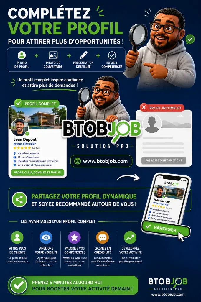 Votre profil est-il vraiment complet ?Sur Btob Job, un profil bien renseigné inspire davantage confiance et attire plus facilement les bonnes opportunités.✅ Ajoutez une photo de profil ✅ Mettez une photo de couverture ✅ Présentez votre activité, vos compétences et votre expérience ✅ Valorisez vos réalisations et vos services ✅ Partagez votre profil autour de vousPlus votre profil est complet, plus il est agréable à consulter et plus vous augmentez vos chances d’être contacté.📢 N’oubliez pas : votre profil Btob Job possède sa propre page que vous pouvez partager sur Facebook, LinkedIn, WhatsApp, Instagram ou par e-mail pour gagner en visibilité.💡 Un profil complet, c’est : ✔️ Plus de crédibilité ✔️ Plus de visibilité ✔️ Plus de contacts ✔️ Plus de recommandations ✔️ Plus d’opportunités⏱️ Prenez 5 minutes aujourd’hui pour mettre à jour votre profil et développer votre activité.