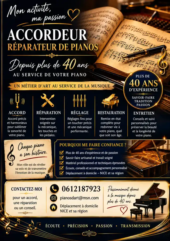 🎹 ACCORDEUR – RÉPARATEUR DE PIANOS 🎹
Paris - Normandie- Côte d'Azur
Depuis plus de 40 ans d'expérience, je mets mon savoir-faire au service de votre piano.
✅ Accordage de pianos droits et à queue
✅ Réparations mécaniques et clavier
✅ Réglages et harmonisation
✅ Nettoyage intérieur complet
✅ Expertise et conseils personnalisés
✅ Déménagement de pianos
Intervention à domicile
📞 06 12 18 79 23
📧 pianosdart@msn.com
