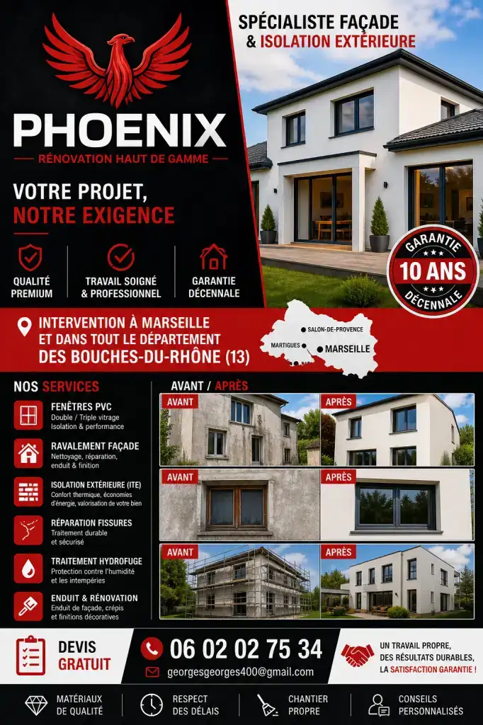 Phoenix est une entreprise spécialisée dans les travaux de façade, de peinture et de rénovation. Nous mettons notre savoir-faire et notre expérience au service des particuliers et des professionnels afin de garantir des réalisations de qualité, durables et soignées.
Nos services :
Ravalement de façades
Peinture intérieure et extérieure
Enduits décoratifs
Isolation thermique par l'extérieur
Rénovation et embellissement des bâtiments
Nos engagements :
Travail de qualité
Respect des délais
Conseils personnalisés
Satisfaction du client
Chez Phoenix, chaque projet est réalisé avec sérieux, professionnalisme et passion pour offrir un résultat à la hauteur des attentes de nos clients.