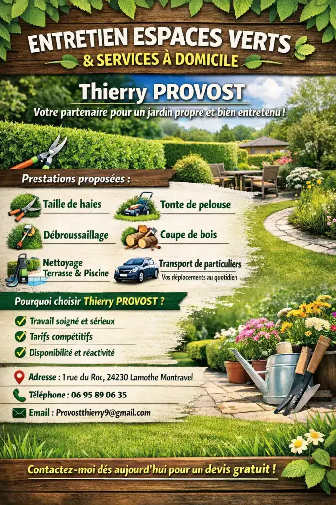 Particulier:
Propose des prestations ,d'entretien espaces verts .

Mes prestations proposées :
Taille de haie .
Tonte de pelouse petite parcelle .
Débroussaillage.
Plantations massifs fleurs .
Désherbage manuel .
Coupe de bois en 50cm et rangement .
Nettoyage terrasses maisons + nettoyage piscines .