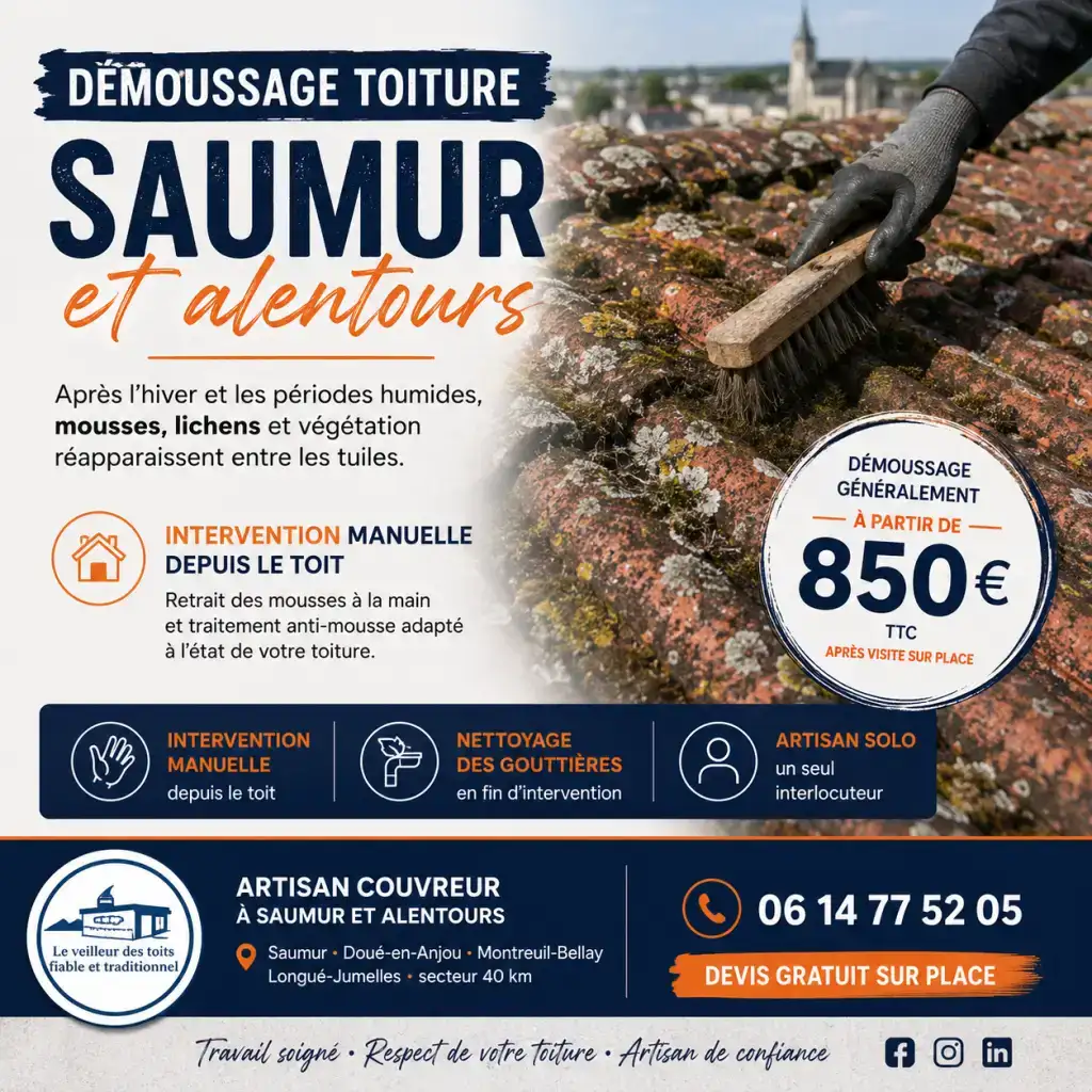  Démoussage toiture à SaumurL'hiver et le printemps humide laissent des traces. Mousses, lichens, végétation entre les tuiles — ça s'installe vite dans le Saumurois.J'interviens depuis le toit, à la main. Retrait mécanique, traitement anti-mousse, gouttières nettoyées au départ.Sur les couvertures anciennes ou fragilisées, je prends le temps d'évaluer avant d'agir. Pas de prix annoncé sans avoir vu le toit. Retrait manuel depuis le toit Gouttières nettoyées en fin d'intervention Artisan solo — un seul interlocuteur À partir de 850 € TTC après visite sur place. Saumur et alentours — devis gratuit sur placehttps://www.bigot-etancheite.fr/demoussage-toiture-saumur.html