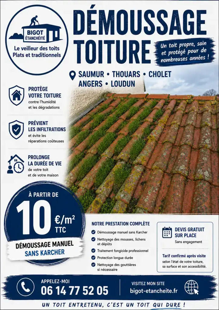 Artisan couvreur-étancheur indépendant. Démoussage manuel sans nettoyeur haute pression, retrait des mousses et lichens, traitement anti-mousse professionnel. Intervention à Saumur, Angers, Cholet, Thouars et Loudun. Tarif de 10 à 15 €/m² TTC maximum. Devis gratuit sur place.en savoir plus : https://www.bigot-etancheite.fr/demoussage-toiture-saumur.html