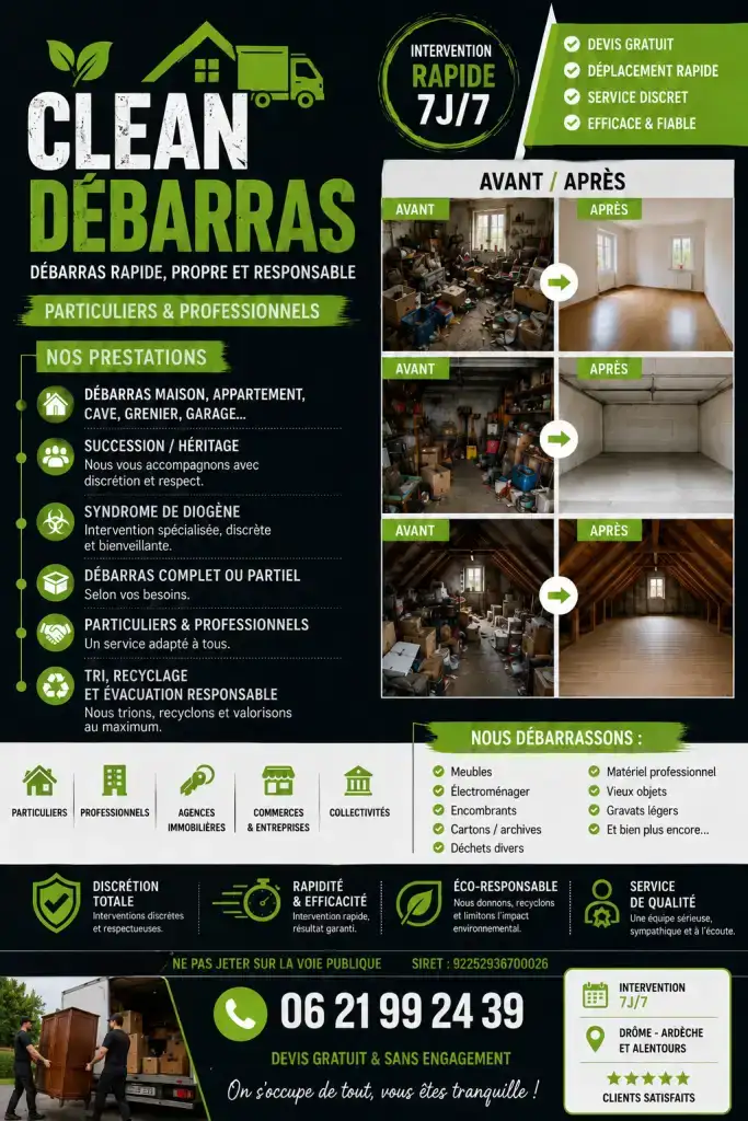 Débarras de maison, appartement, cave, grenier, garage et local. Intervention rapide, travail propre et soigné. Tri, enlèvement et évacuation des encombrants. Devis gratuit, tarifs compétitifs et disponibilité rapide.