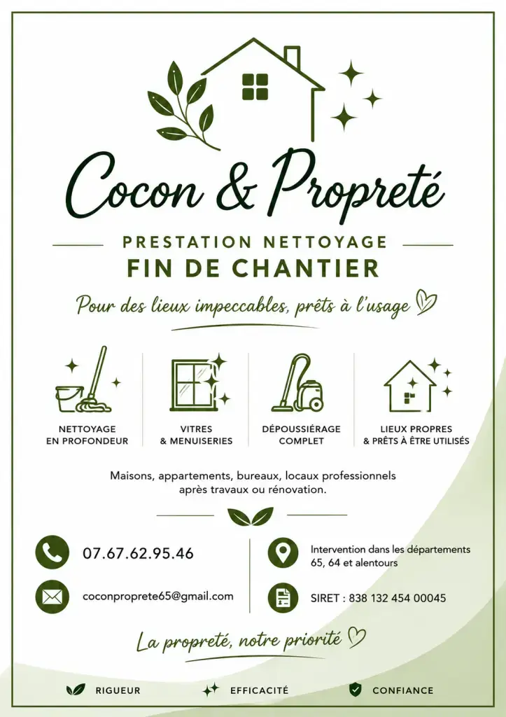 Spécialisée dans le nettoyage de fin de chantier, la remise en état et l’entretien des vitres, notre société intervient auprès des particuliers, professionnels, entreprises du bâtiment et gestionnaires de biens.
Dans le 65 64 et départements alentours