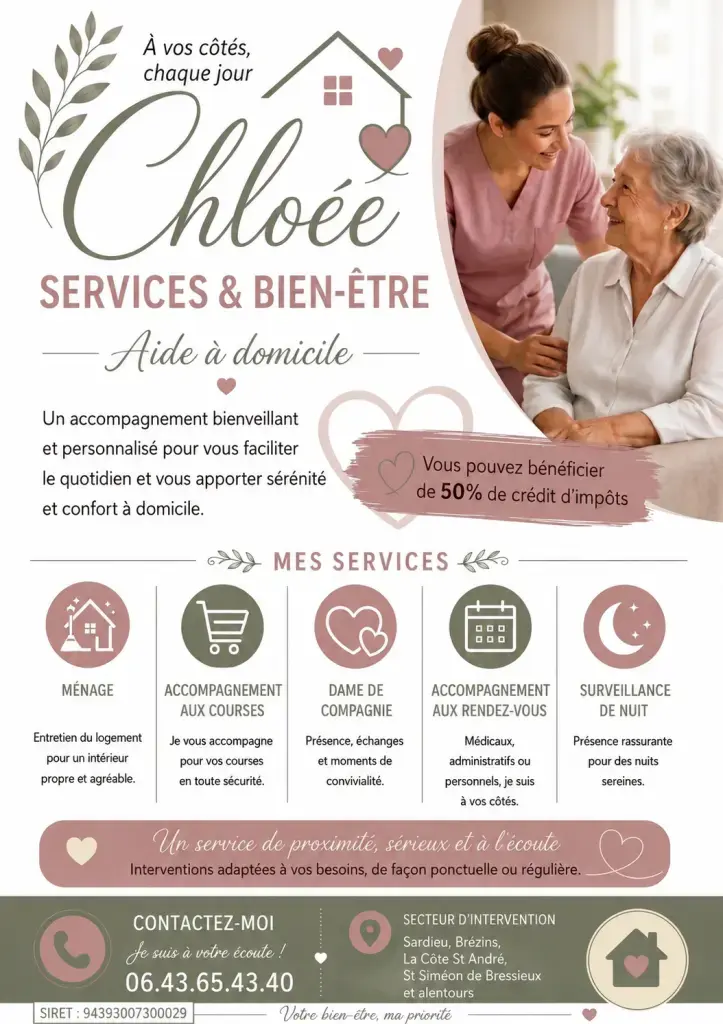 Bonjour,
Je propose mes services d’aide à domicile ainsi que de surveillance de nuit. Sérieuse, discrete et à l’écoute, je peux vous accompagner dans les tâches du quotidien, assurer une présence rassurante et veiller à votre sécurité ou celle de vos proches.
(Ménage, dame de compagnie, accompagnement aux courses,  accompagnement au rendez-vous, surveillance de nuit)

Jai le sap (services à la personnes) pour bénéficier de 50% en credit d'impôt.

Je vous laisse m'envoyer un message pour plus d'information.

Bien cordialement