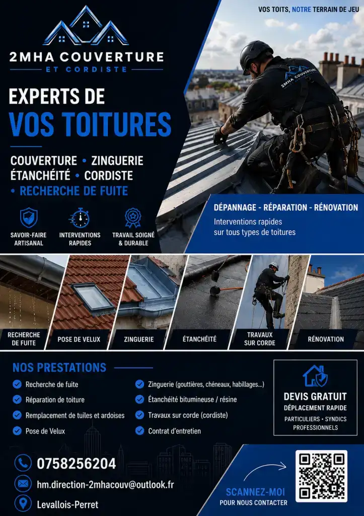 2MHA Couverture et Cordiste intervient rapidement en Île-de-France pour tous vos travaux de toiture.

Nos prestations :

* Recherche de fuite en toiture
* Dépannage d’urgence
* Réparation de toiture
* Pose et remplacement de Velux
* Zinguerie (gouttières, chéneaux, habillages zinc)
* Étanchéité (bitume, résine)
* Remplacement de tuiles et d’ardoises
* Rénovation complète de toiture
* Travaux sur corde (accès difficile)
* Contrats d’entretien

✅ Devis gratuit
✅ Intervention rapide
✅ Travail soigné
✅ Assurance décennale
✅ Particuliers, syndics et professionnels

Devis gratuit – Prix sur devis selon la nature des travaux. Intervention rapide en Île-de-France.

Zone d’intervention : Paris, Hauts-de-Seine, Seine-Saint-Denis, Val-de-Marne, Yvelines et toute l’Île-de-France