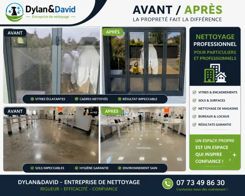 ✨ Votre partenaire de confiance pour un nettoyage impeccable ! ✨
🪟 Lavage de vitres – Pour des vitres propres et sans traces, chez les particuliers comme les professionnels.
🏡 Spécialiste du nettoyage de locations courte durée (Airbnb, BSB, locations saisonnières)
Je vous propose des prestations complètes pour garantir un logement toujours impeccable :
✅ Nettoyage complet avant et après chaque séjour
✅ Remise en état entre deux locations
✅ Dépoussiérage et désinfection de toutes les surfaces
✅ Nettoyage des cuisines et des salles de bain
✅ Aspiration et lavage des sols
✅ Lavage des sols et des vitres
✅ Changement du linge de lit et des serviettes (si fourni)
✅ Vérification de la propreté et préparation du logement pour les prochains voyageurs
✨ Professionnalisme, réactivité et travail soigné pour garantir un logement toujours impeccable et satisfaire vos voyageurs.
📞 Contact : 07 73 49 86 30
📩 Devis gratuit et réponse rapide.
Faites confiance à un service de nettoyage de qualité pour vos vitres et vos locations saisonnières !
