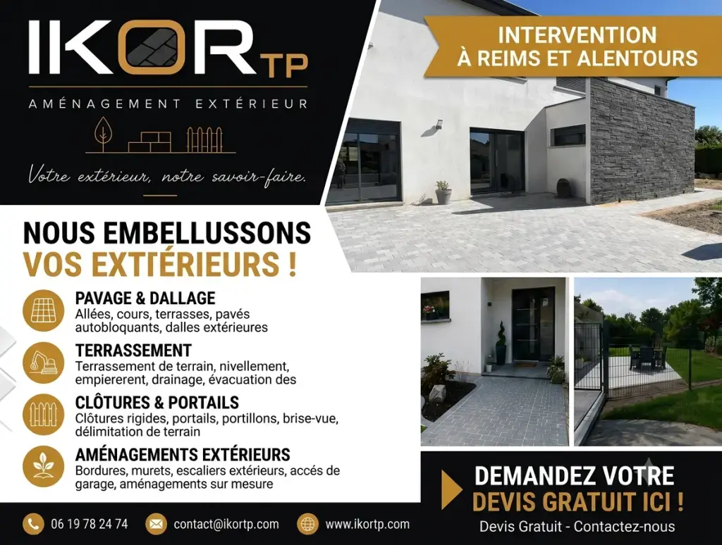 Spécialiste de l'aménagement extérieur et des travaux de terrassement

IKOR TP accompagne les particuliers, professionnels et collectivités dans la réalisation de leurs projets d'aménagement extérieur.

Nos prestations
Terrassement
VRD (Voirie et Réseaux Divers)
Assainissement
Création d'allées et de cours
Pose de pavés et de bordures
Enrobé
Clôtures et portails
Préparation de terrain
Aménagements extérieurs sur mesure

Nous mettons notre savoir-faire au service de vos projets avec des réalisations soignées, des délais respectés et un accompagnement personnalisé.

📍 Zone d'intervention : Reims et alentours
📞 Téléphone : 06 19 78 24 74
✉️ E-mail : contact@ikortp.com
🌐 Site internet : www.ikortp.com

✅ Devis gratuit – Intervention rapide – Travail de qualité