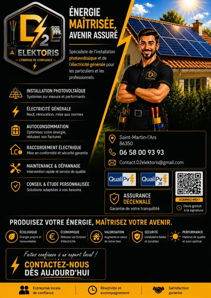 Entreprise locale spécialisée en électricité générale et installation photovoltaïque.

Nous intervenons pour :
- Installation et dépannage électrique
- Rénovation et mise aux normes
- Raccordement électrique
- Installation de prises, tableaux et protections
- Installation de panneaux solaires photovoltaïques
- Autoconsommation et optimisation énergétique
- Maintenance et entretien

Zone d’intervention : Saint-Martin-l’Ars (86350), Vienne (86) et alentours.
Disponibilité : interventions rapides, devis gratuit.
Assurance décennale et qualifications QualiPV36.
Tarifs : étude et devis personnalisés selon le projet.
Contact : 06 58 00 93 93 – contact.d2elektoris@gmail.com