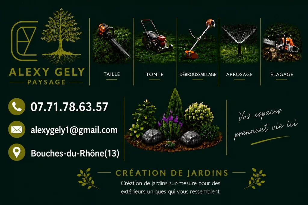 Bienvenue  chez Alexy gely Paysage !
Nous sommes une entreprise spécialisée dans les travaux de jardinage et d’aménagement extérieur. Nous réalisons la création et l’entretien de jardins, la taille de haies, l’élagage, l’abattage, la tonte de pelouse, la plantation, le débroussaillage, la pose de clôtures et tous vos projets paysagers.

Nous travaillons avec sérieux, ponctualité et souci du détail afin de garantir un travail soigné et durable. Chaque projet est étudié avec attention pour répondre au mieux à vos attentes et à votre budget.

Nous proposons des devis gratuits, des conseils personnalisés et nous nous engageons à respecter les délais. Notre priorité est votre satisfaction et la qualité de nos réalisations.