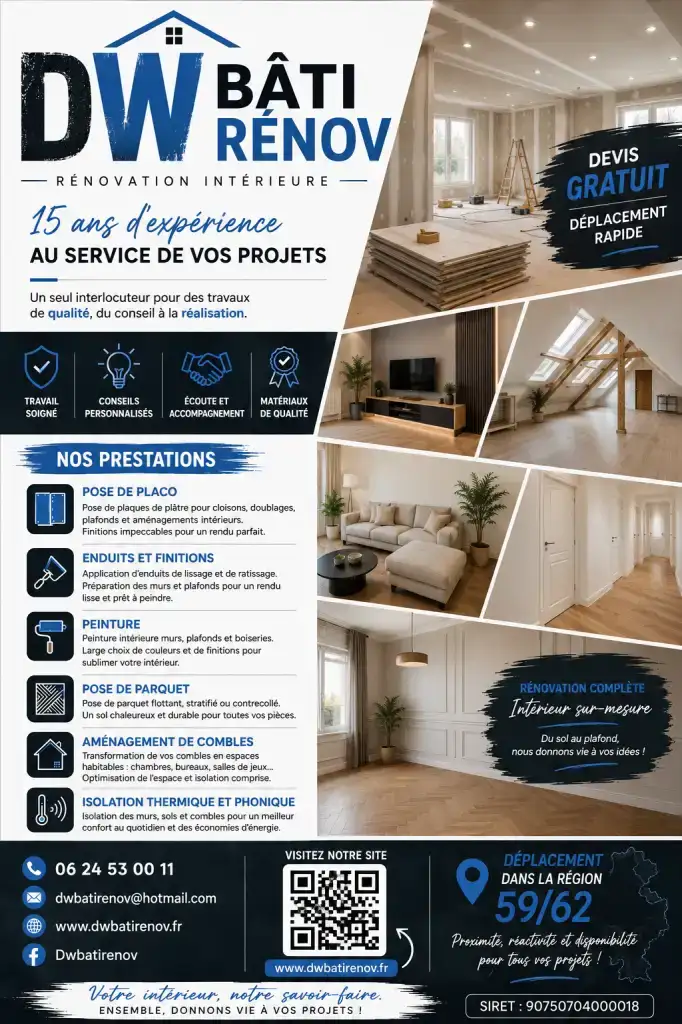 Bonjour, Dwbatirenov artisan depuis 4ans et dans le métier depuis 15ans , je vous propose mes services pour tout projets dans la rénovation intérieur(Reno ou neuf), placo, enduits, peinture, parquet, électricité etc n’hésitez pas à me contacter pour plus d’info déplacement dans le Nord-Pas-de-Calais et même frontière Belgique cordialement Dylan.