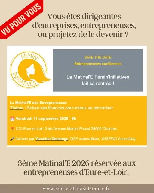 📣 Entrepreneuses d’Eure-et-Loir : un rendez-vous à noter dans vos agendas !Vous connaissez votre chiffre d’affaires… Mais savez-vous réellement ce que vous gagnez et ce que votre entreprise doit générer pour vous permettre de vous rémunérer correctement ?C’est justement le thème de la prochaine Matinal’E des Entrepreneuses, organisée par la CCI Eure-et-Loir :💰 « Suivre ses finances pour mieux se rémunérer »Au programme notamment :✔️ Comprendre le lien entre chiffre d’affaires, charges, résultat et rémunération✔️ Identifier les indicateurs essentiels à suivre✔️ Déterminer ce que votre entreprise doit générer pour atteindre vos objectifs de rémunération✔️ Mettre en pratique avec des ateliers adaptés à votre situationUne matinée qui peut être intéressante pour prendre un peu de recul sur ses chiffres, mieux piloter son activité et prendre des décisions plus sereinement.📅 Vendredi 11 septembre 2026 à 9h📍 CCI Eure-et-Loir – Chartres🎟️ Participation gratuite – inscription obligatoire, places limitées👉 https://urls.fr/UONLuAEt au-delà du sujet financier, c’est aussi l’occasion d’échanger avec d’autres entrepreneuses du territoire et de développer son réseau. 🤝👉 Je partage simplement cette information car je pense qu’elle peut être utile à certaines d’entre vous. Pour les informations pratiques et les inscriptions, rendez-vous directement auprès de la CCI Eure-et-Loir.Je suis Delphine de Secrétaire Assistance📞06 86 20 38 62📧 secretaireassistance@outlook.fr💻 https://www.secretaireassistance.frAlors, est-ce que vous suivez régulièrement les chiffres de votre entreprise ? 👀#Entrepreneuses #EureEtLoir #Entrepreneuriat #GestionEntreprise #Pilotage #Finances #Rémunération #TPE #MicroEntreprise #Entrepreneuse #Chartres #RéseauProfessionnel