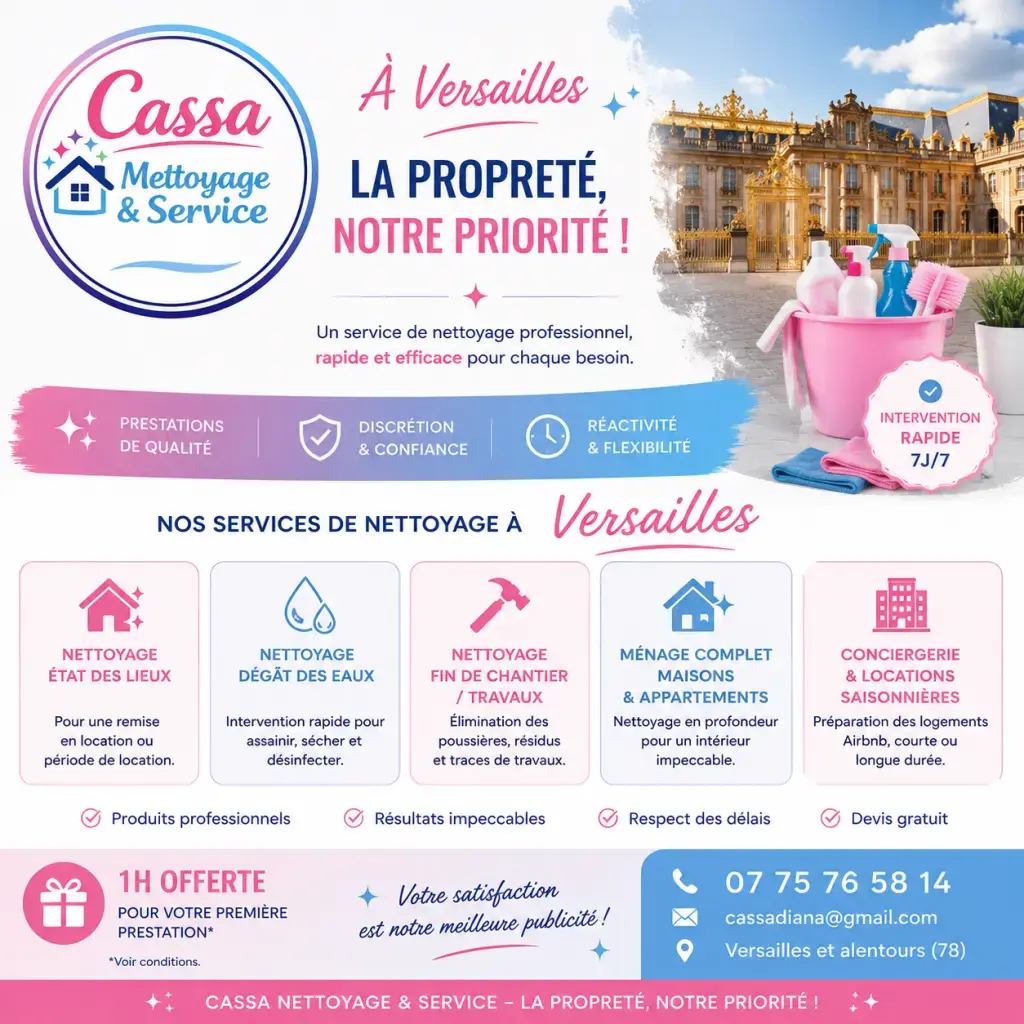 Diana de cassa nettoyage et services je suis disponible réactif
Intervention urgente dans l'heure si besoin
Ménage ponctuel ou régulier
Ménage état des lieux
Nettoyage dégât des eaux
Nettoyage fin de chantier/travaux
N'hésitez plus contacté moi