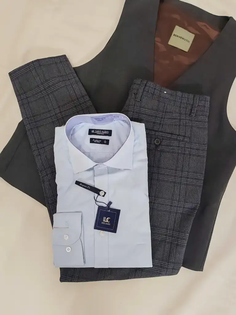 Ensemble pantalon glencheck et chemise unie